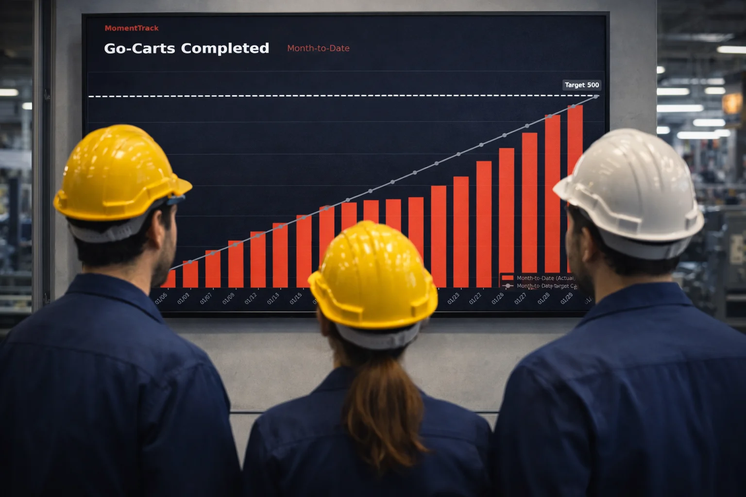 Factory workers viewing MomentTrack dashboard